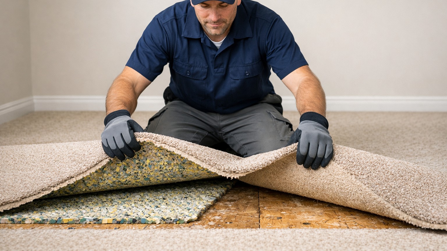 Moldy carpet being assessed for removal and replacement
